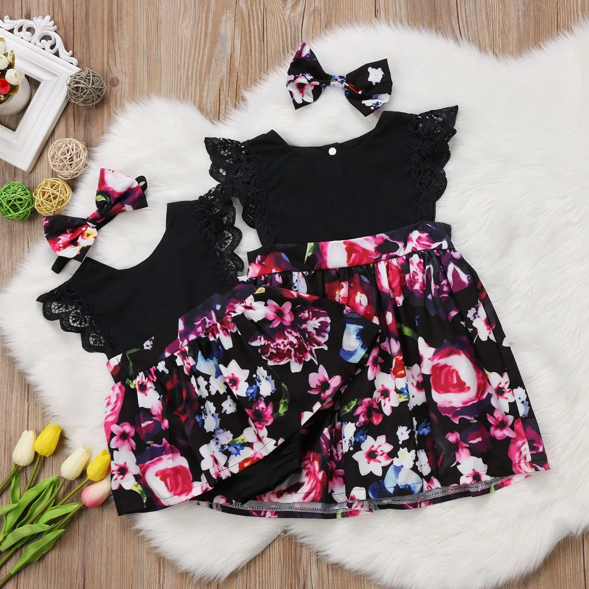 2Pcs Newborn Kids Baby Girl Floral Romper Dress Little Sister Big Match Outfit huismerk kopen in de aanbieding