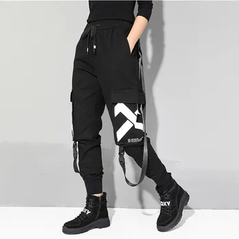 

Black elastic waist cargo pants women clothes 2019 print loose fashion pockets spliced ribbon autumn winter casual trousers