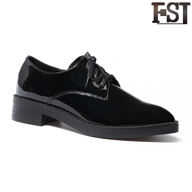 

FSJ Genuine Leather Adult Ladies Office & Career Solid Lace-Up Spring/Autumn Unique Black Pointed Toe Flats Shoes Women Size 38