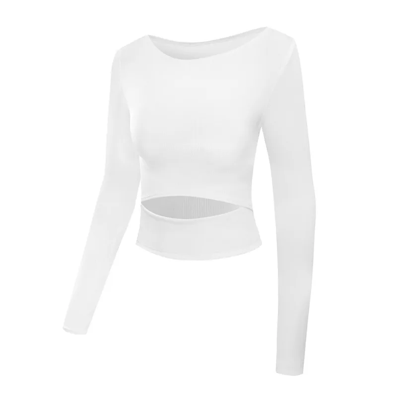 Русалка кривая Осенняя Женская тонкая футболка с длинными рукавами для йоги, укороченный топ, сексуальная открытая эластичная Спортивная футболка для фитнеса - Цвет: Белый