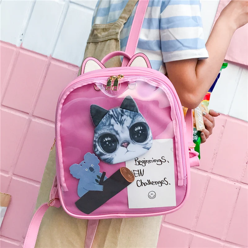 Lovely Cat Ear Leather Backpacks Candy Color Transparent Bag Teenage Girls Travel Bakpack Children Shoulder Bags School Itabag