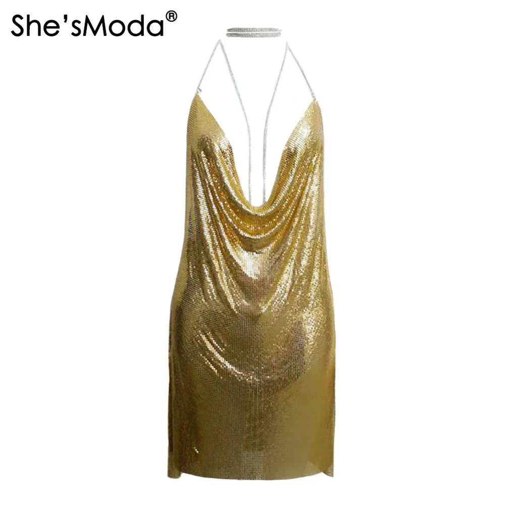 

She'sModa Sexy Deep V-neck Alloy Metal Halter Backless Party Club Women's Mini Dress