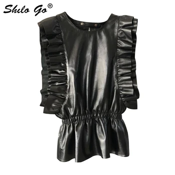 

SHILO GO Leather Blouse Womens Summer Fashion sheepskin genuine leather Blouse O Neck ruffles sleeve stretch wasit pleated blous