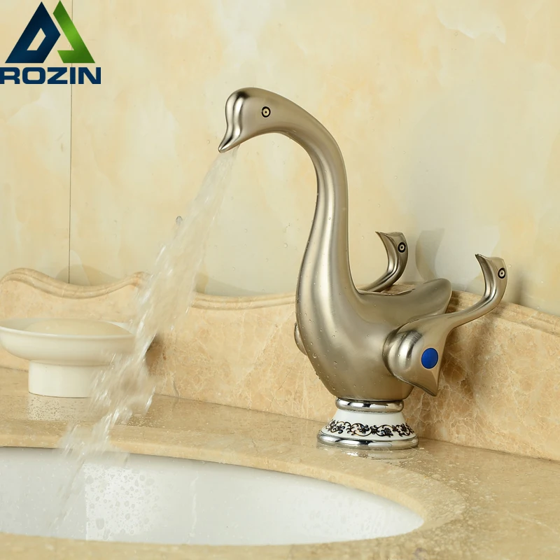 

Cute Duck Shape Deck Mount Two Handle One Hole Basin Faucet Brushed Nickel Bathroom Hot Cold Water Taps
