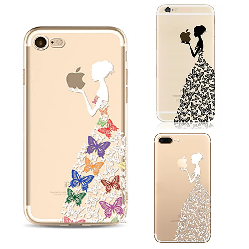 

Case For iPhone 8 8 Plus Transparent Back Cover Case Playing with Butterfly Sexy Lady Soft TPU for Apple iPhone 7 6 plus 5 5S