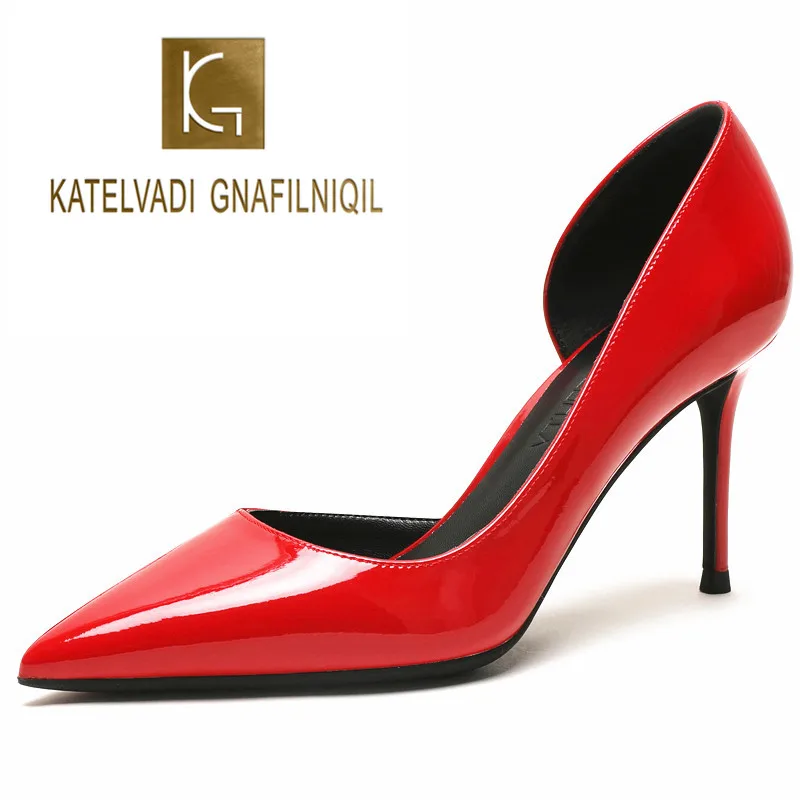 KATELVADI-zapatos de tacón alto de 8CM para mujer, calzado Sexy de charol rojo, de PU, para boda, talla 34-42, K-366