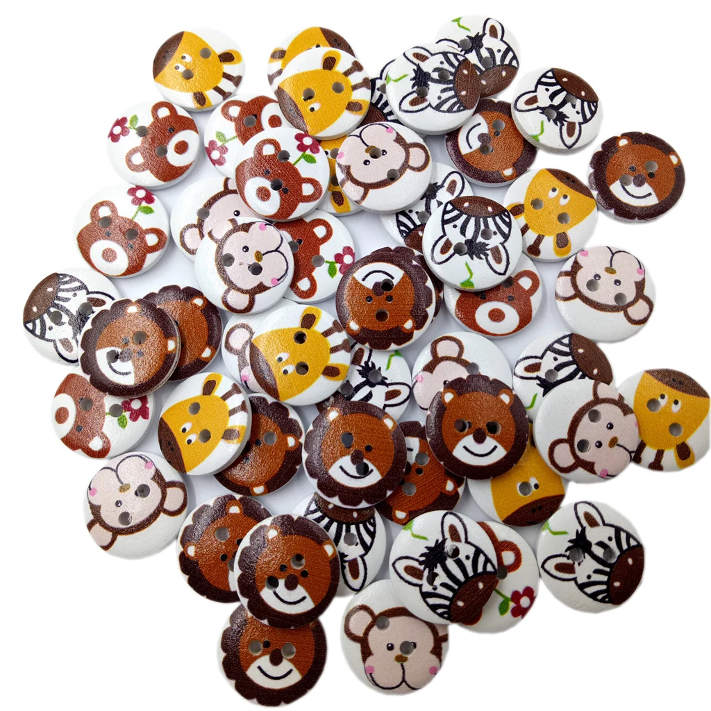 50Pcs Wooden Cartoon Buttons Assorted Animals Design for Crafts Scrapbooking 20mm
