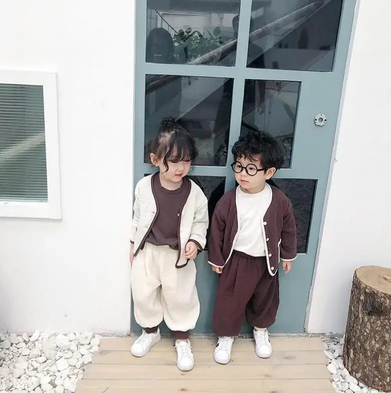 Japanese style boys girls cartoon pure cotton clothes sets kids single-breasted long sleeve jacket+ loose pants 2pcs suits