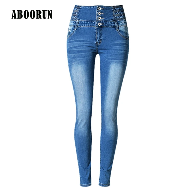 

ABOORUN 2017 Women Elastic High Waist Jeans Full Length Blue Washed Slim fit Denim Pants P7049