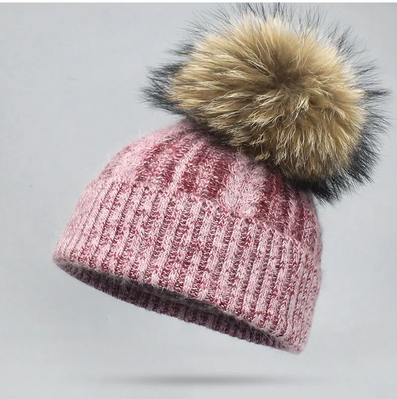 Женские зимние теплые шапки из натурального меха енота, вязаные шерстяные шапки для девочек, лыжный женский головной убор шапки с помпоном Skullies Beanies Gorro