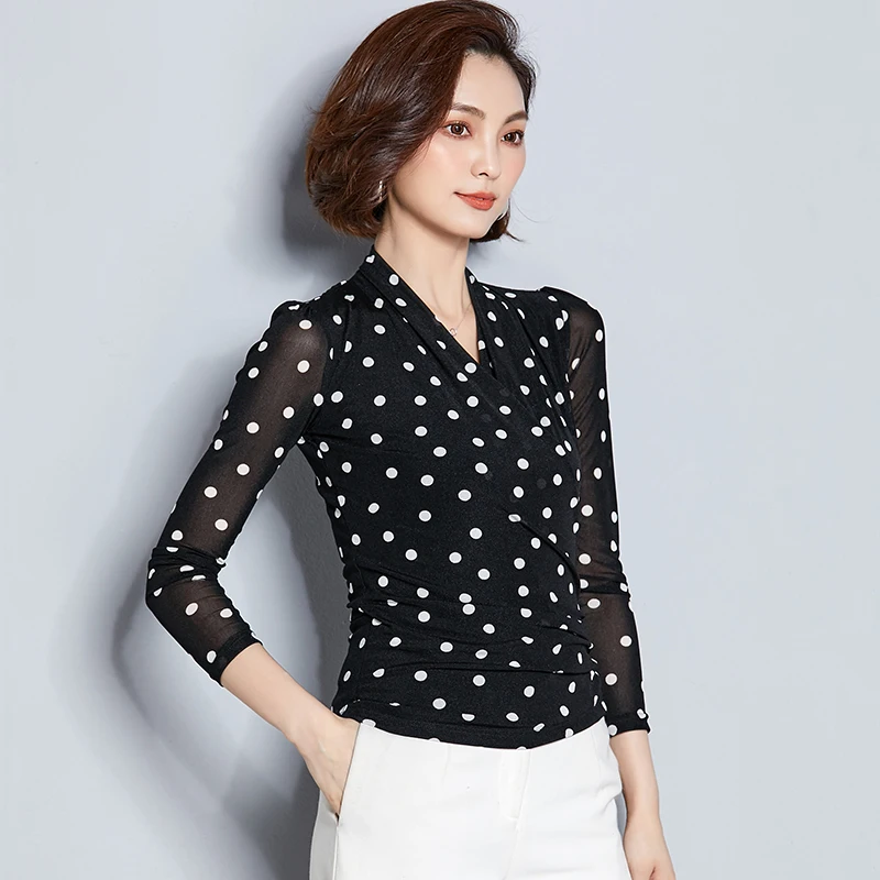  AOSSVIAO Office Blusas Chemise Femme Shirt Women Polka Dot Print Chiffon Blouse Tops Feminine Hippi