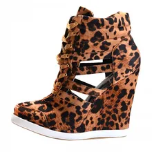 Leopard Women Sandal Wedge Heels Closed Toe Cut Out High Heels Size 46 Ladies Plus Size Comfortable Shoes Women Pointed Toe
