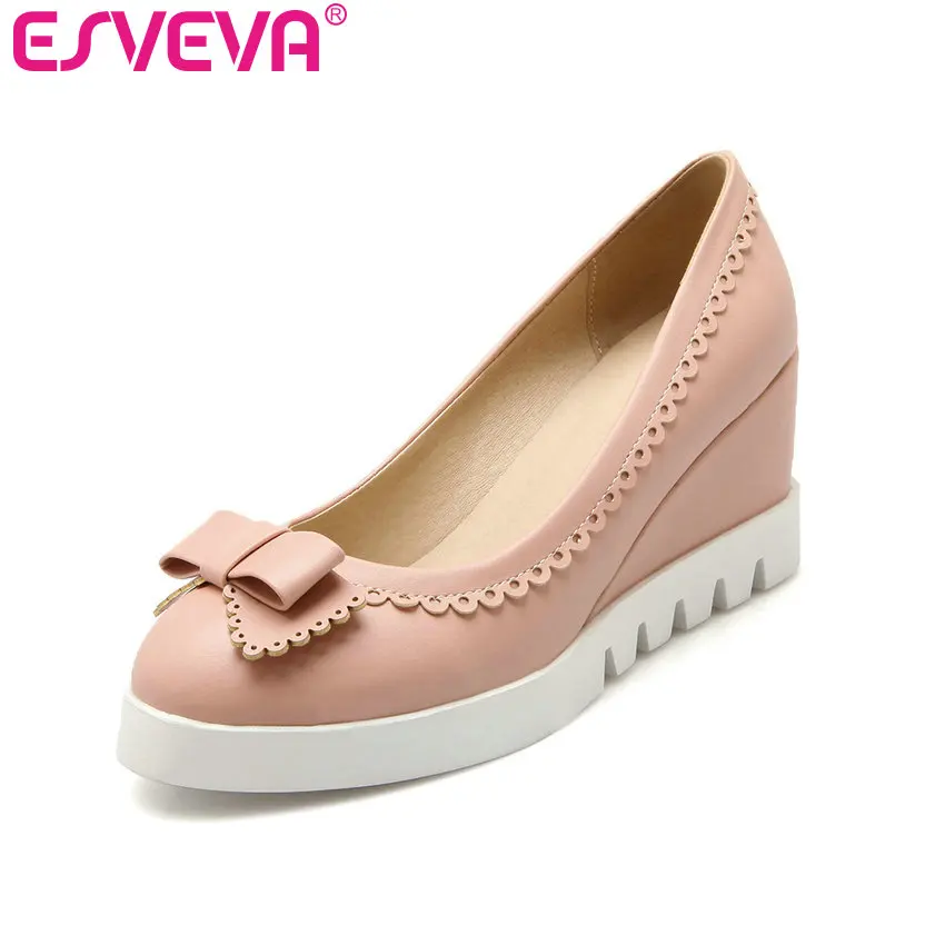 

ESVEVA 2017 Wedges Heel Woman Pumps Sweet Bow Tie High Heel Spring Autumn Shoes Soft PU Women Platfrom Wedding Shoes Size 34-43