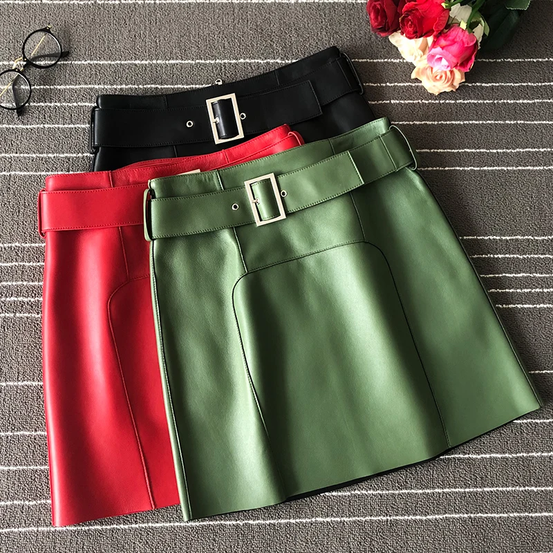 

Chic women High quality sheepskin A-line skirt 2019 Fall/spring real leather high-waist belt Skirt A654