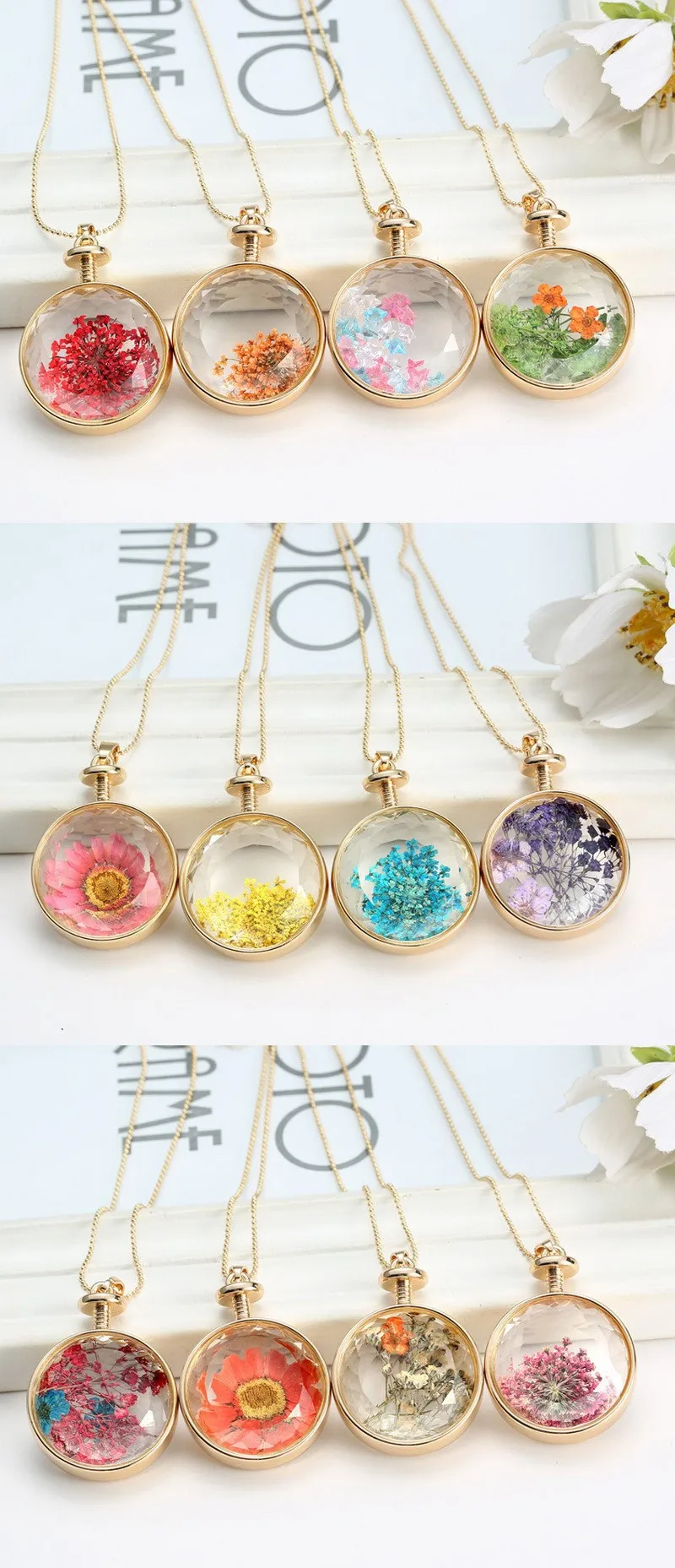 Fresh Pressed dried real Flowers Pendant Necklace jewelry
