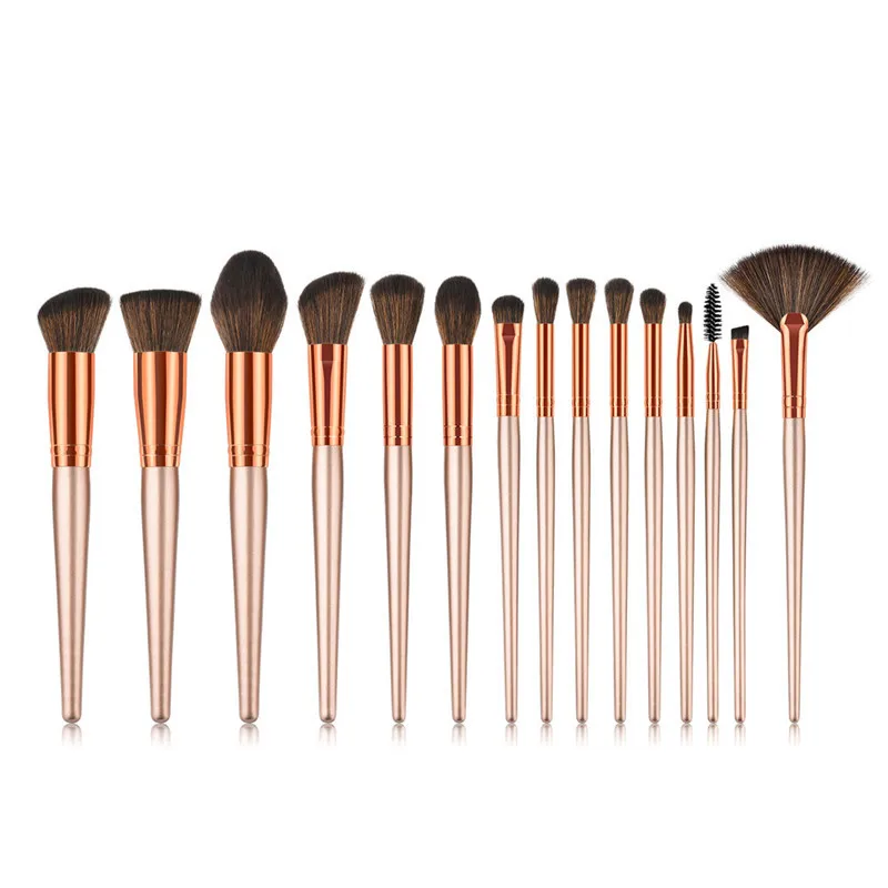 15PCS Brown Cosmetic Makeup Brush Brushes Foundation Powder Eyeshadow Brush Set Fan Lip Face
