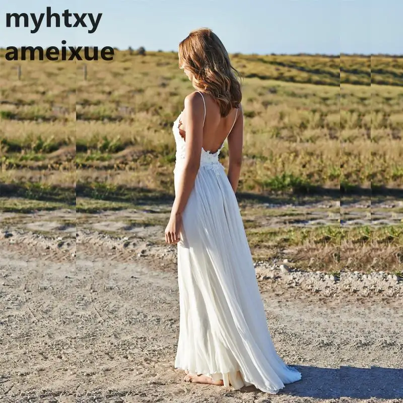 

Beach Cheap Wedding Dresses Spaghetti Straps 2018 Robe De Soiree Vintage Lace Top Elegant Women Boho Chiffon Long Bridal Dress