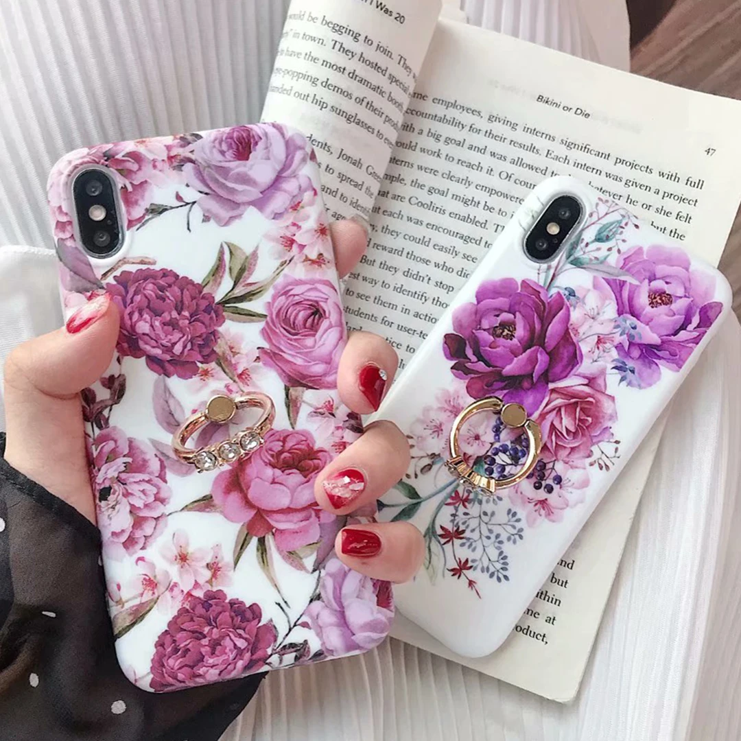 

Kickstand Phone Case For iPhone X Cover XS MAX XR 6 6S 7 8 Plus Covers Leaf Flower Slim IMD Glossy Silicon Case With Finger Ring