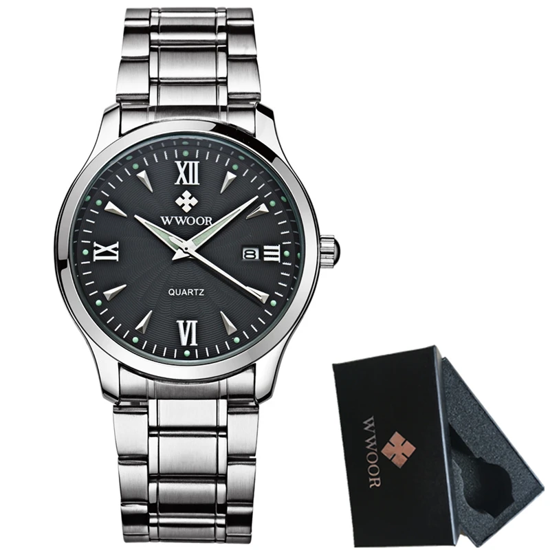

Luxury Brand WWOOR Fashion Quartz Watch Men Stainless Steel Auto Date Waterproof Sport Watch Men's Watches Relogio Masculino