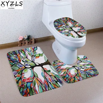 

XYZLS 3 Pcs Pastoral Style Life Tree Anti Slip Toilet Carpet Bathroom Mat Coral Velvet Toilet Mats for Three Sets of Bath Mat