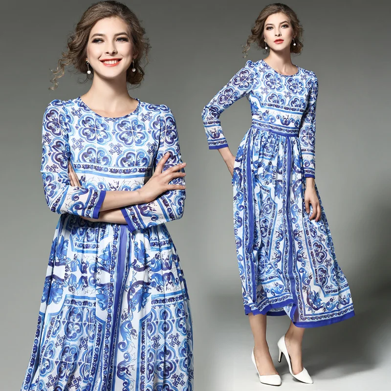 

New Spring Western Style Elegant Blue And White Porcelain Printed Dress