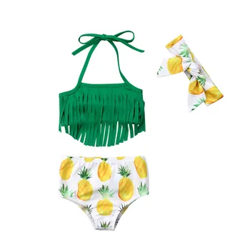 

2019 New Baby Girl Swimwear Set Little Girl Halter Tassel Halter Top+Shorts+Headband Bathing Suit Swimsuit Sets Kids Clothes