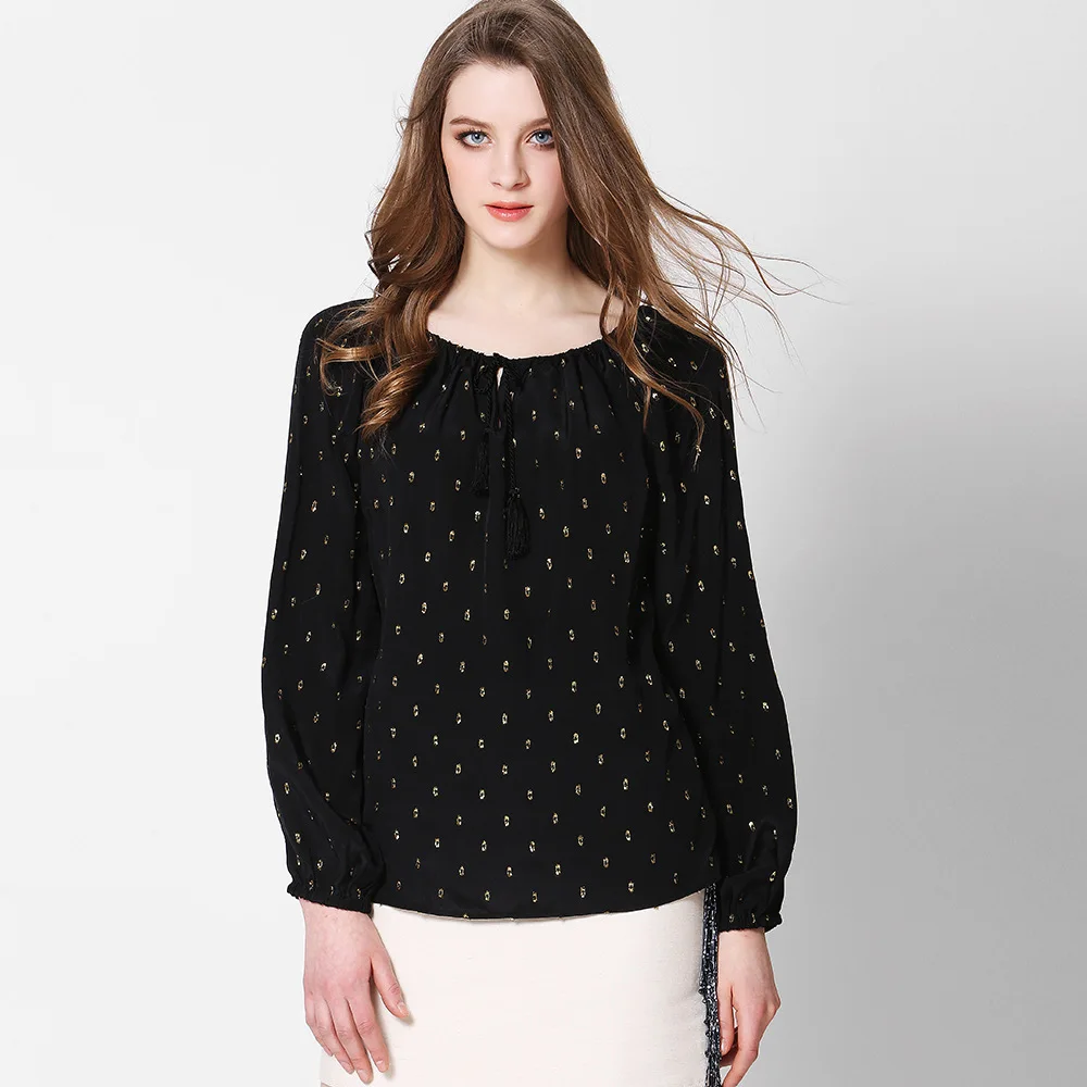 

Silk Vintage Women Blouse French Style Casual Long Sleeve Gold Printing Slash neck