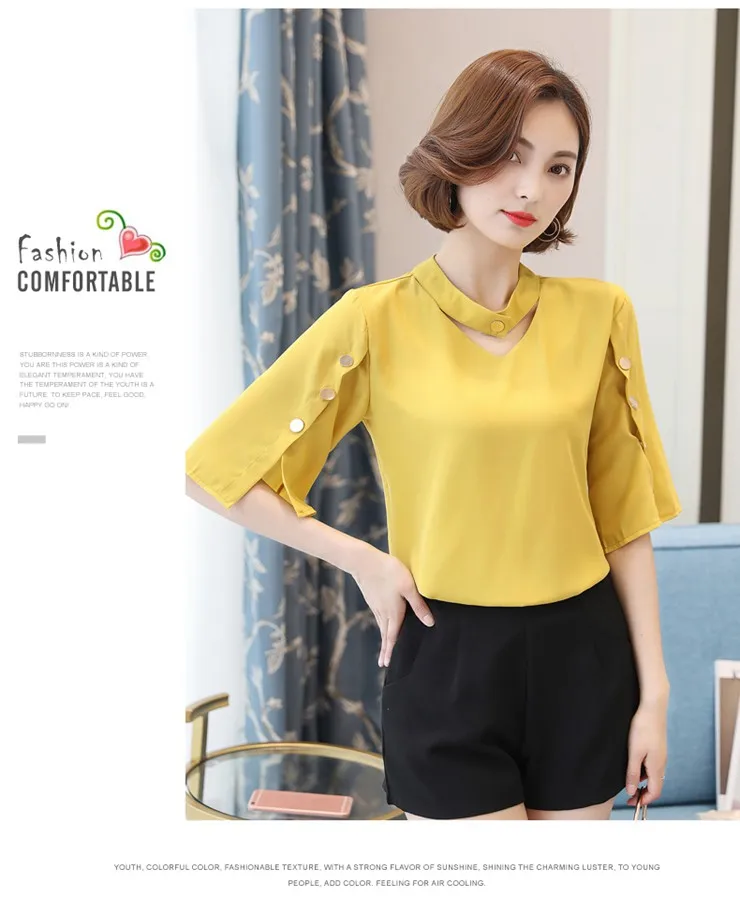 Blouse Shirt Women 2018 Korean Style V-neck Tops Ladies Chiffon Blouse Button Short Sleeve White Shirts Summer Blusas Mujer (8)