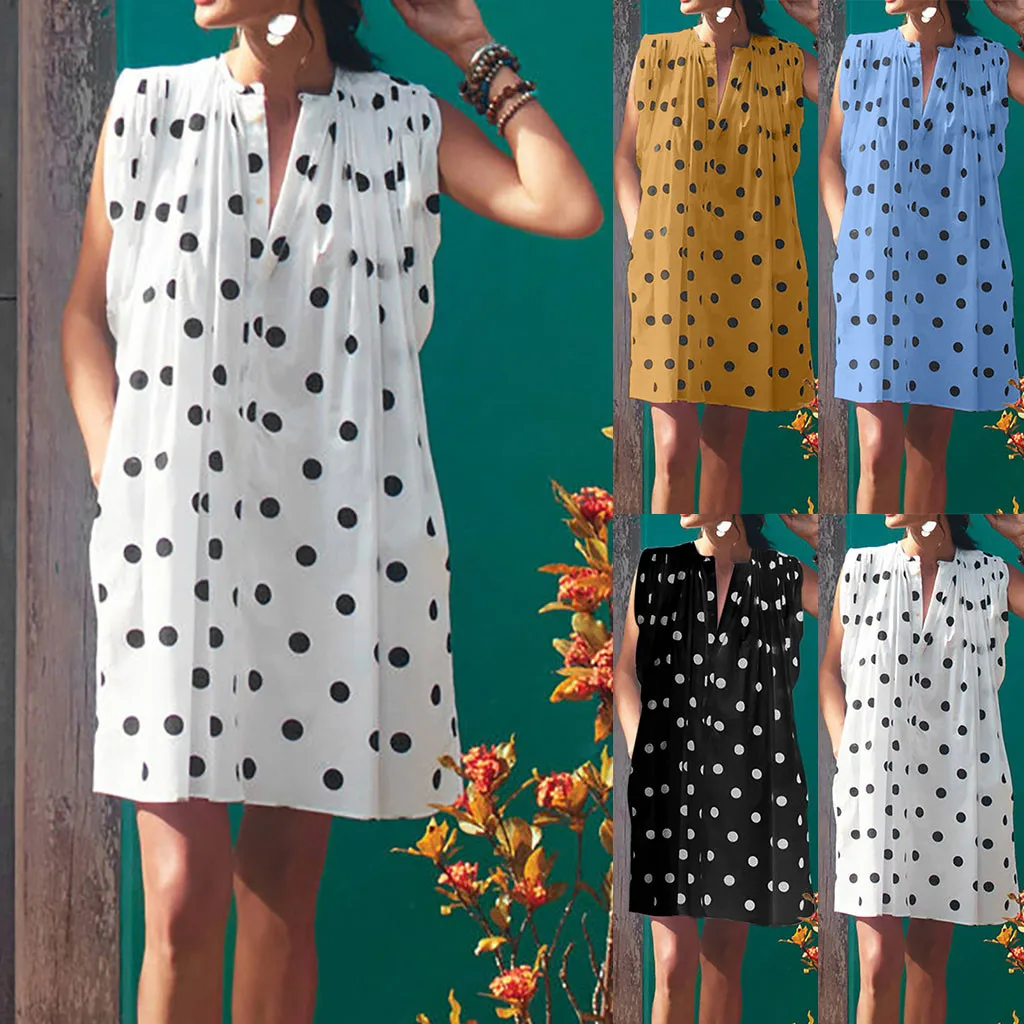 

Womens Summer Sleeveless Dot Print Dress Loose Party Sundress Pocket Dress S-2XL