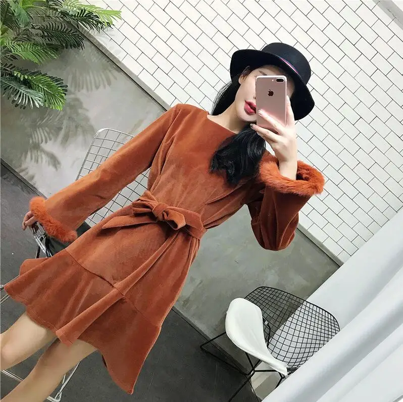 

Retail Big Girls Free size Age 19-23T Pure color 2017 Autumn princess celebrities temperament velvet falbala Dress X2184
