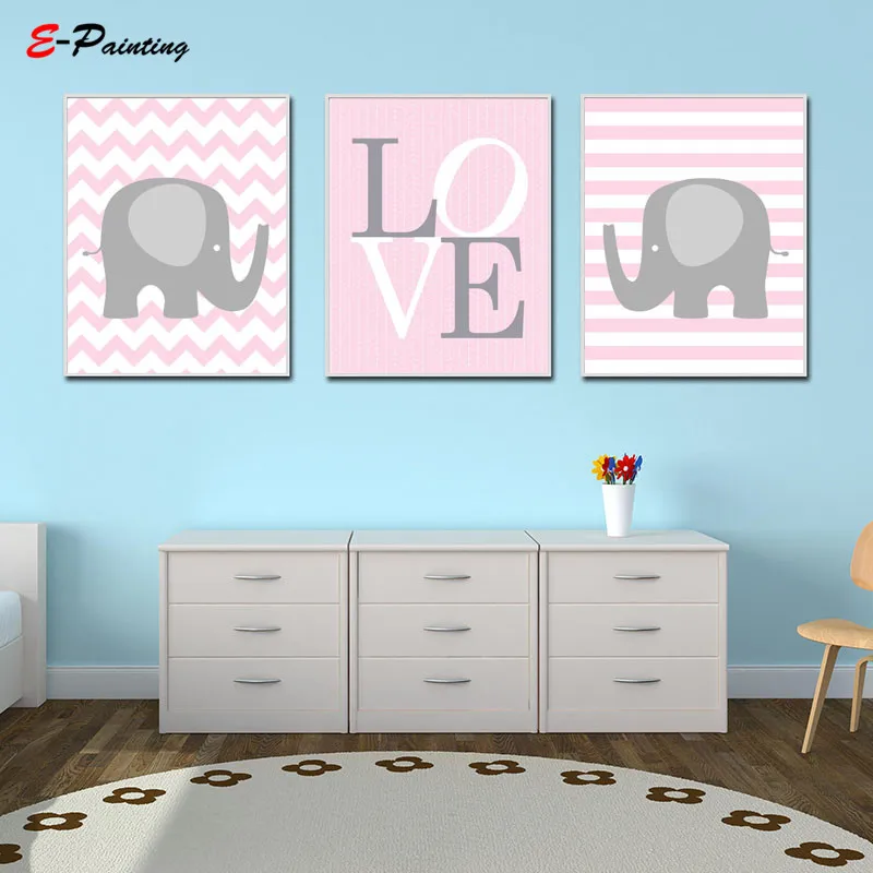 

Cute Baby Girl Nursery Wall Art Print Posters Pink and Grey Elephant Printing Modern Canvas Painting Picture Decor