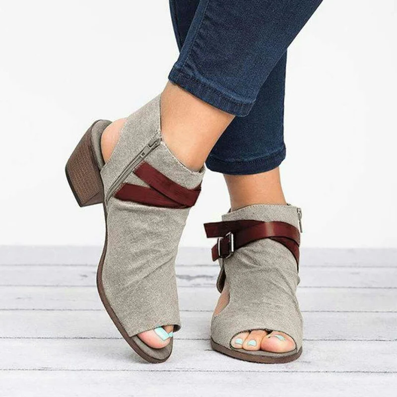 

New Thick Heel Sandals Women Buckle Strap Mid-Heeled Zip Open Toe Shoe Ladies Breathable Wedge Shoes Female Plus Size 43 XWZ5874