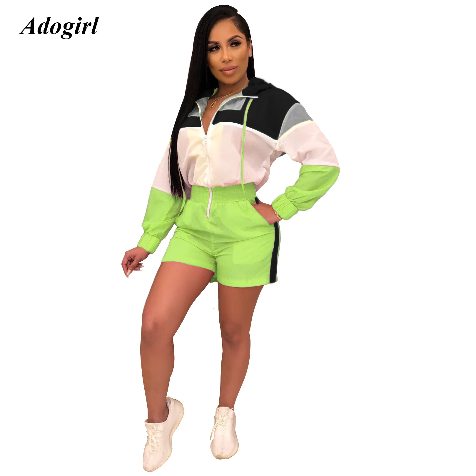 

Adogirl Elegant Color Block Patchwork Playsuits Casual Long Sleeve Zipper Boducon Shorts Jumpsuit Sexy Slim Night Club Overalls