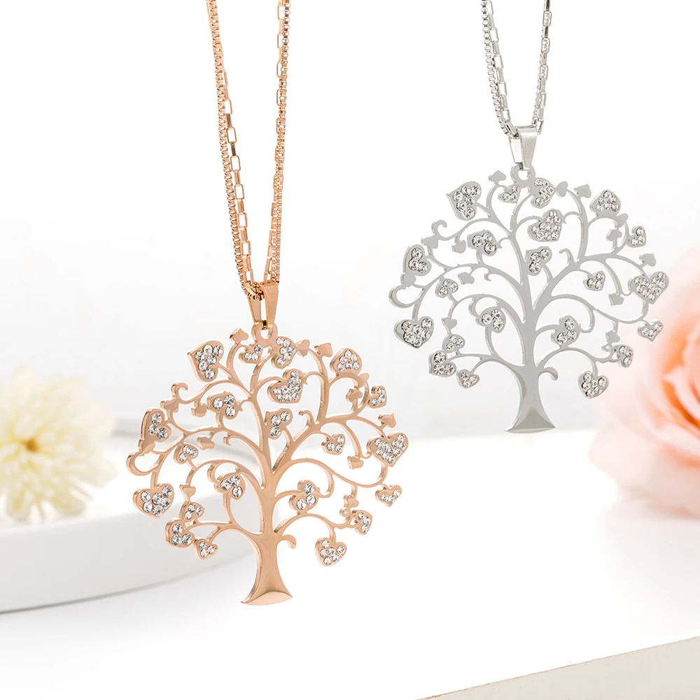 

Rose Gold Stainless Steel Tree Of Life Pendant Necklace For Women Sweater Chains Long Tree Necklace Party Fashion Jewelry Gifts