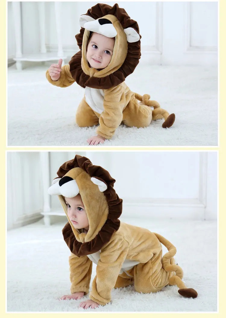 Baby Lion Onesie Animal Costume Toddler Boy Girl Long Sleeve Romper Funny Cute Warm Clothes Child Kid 0-3 years Infant Kigurumis Newborn Knitting Romper Hooded 
