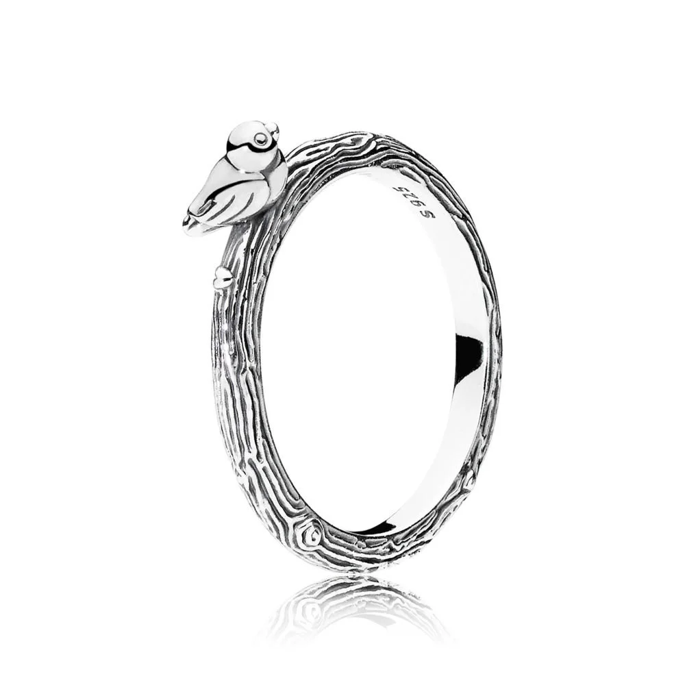 

Authentic 925 Sterling Silver Ring With Wood Grain Bird Crystal Finger Ring For Women Jewelry