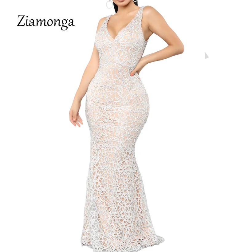 

Ziamonga 2019 Summer New Arrival Women Sleeveless Tank Lace Dress Sexy V-Neck Bodycon Evening Party Dresses Mermaid Long Dress