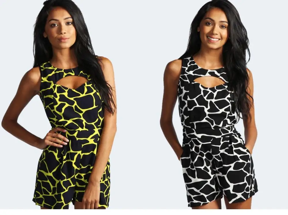 New Summer Women Casual Clothing Print Cut out Front Sleeveless Romper Shorts Jumpsuit Macacao Combinaison |