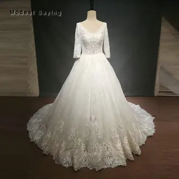شراءفاخر الكرة ثوب التطريز فساتين زفاف 2018 مع 3/4 الأكمام V الرقبة مطرز الرباط أثواب الزفاف مخصص Vestido دي Noiva
