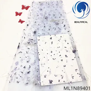 

BEAUTIFICAL french lace fabrics 3d long wool lace fabric Latest Fashion nigerian tulle lace fabric with sequins 5yards ML1N894