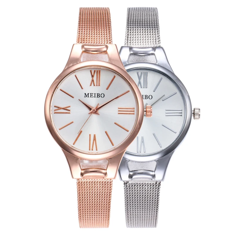

Ladies Fashion Watch Women Rose Gold Stainless Steel Thin Mesh Belt Quartzwatch Simple Design Roman Scale Dial MEIBO Chain Watch