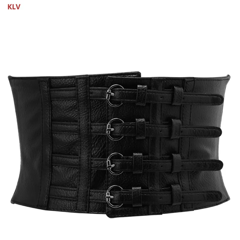 

KLV Retro Lady Waist Shape Corset Wide Elastic Faux Leather Belt Stretch Waistband