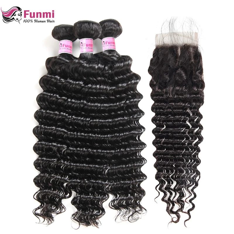 Haarverlängerung Und Perücken Haarsalon Versorgungskette Funmi Haar Peruanische Tiefe Welle Bundles Mit Verschluss Freies/mitte/drei Teil 3 Bundles Mit Verschluss 100% Unverarbeitete Reines Haar