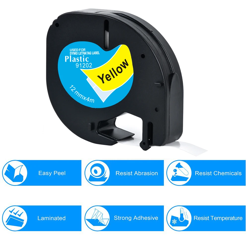 Plástica para lt Cidy Preto no Amarelo 91202 91332 91222 59423 Compatível Dymo Letratag Fita 12mm 91201 Lt-100h 100pcs lt Lt91202