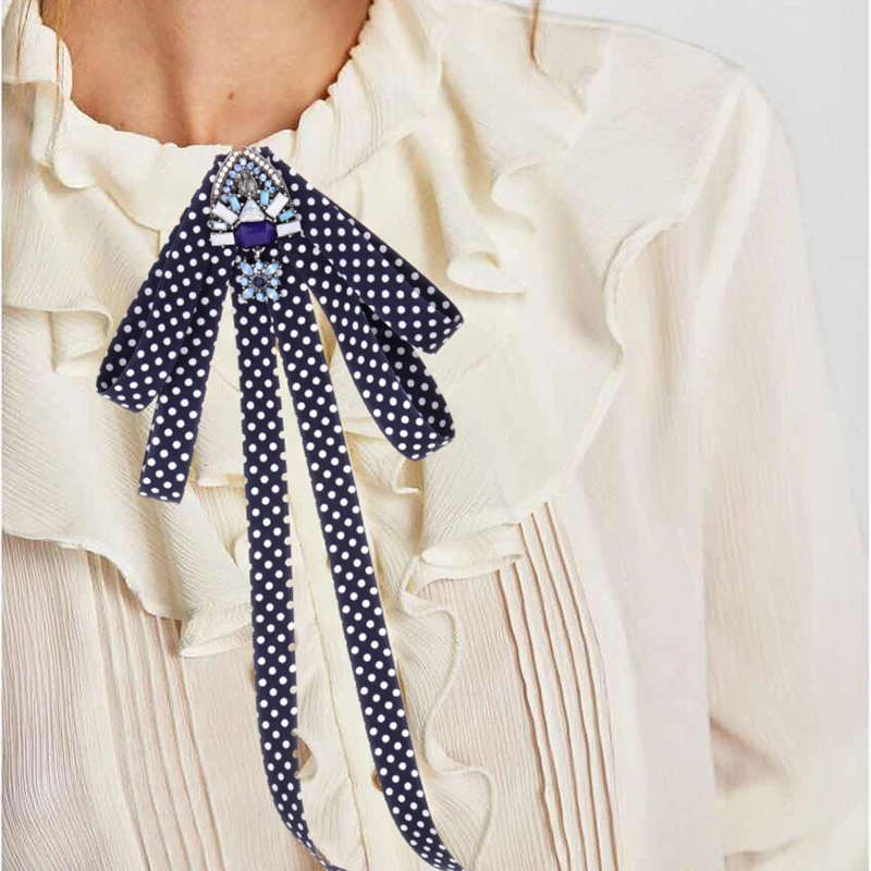 

ZHINI Fashion Collar Clip Bowknot Necktie Fabric Brooches Jewelry Ribbon Big Bow Brooch Pin Tie with Crystal For Women Wholesale