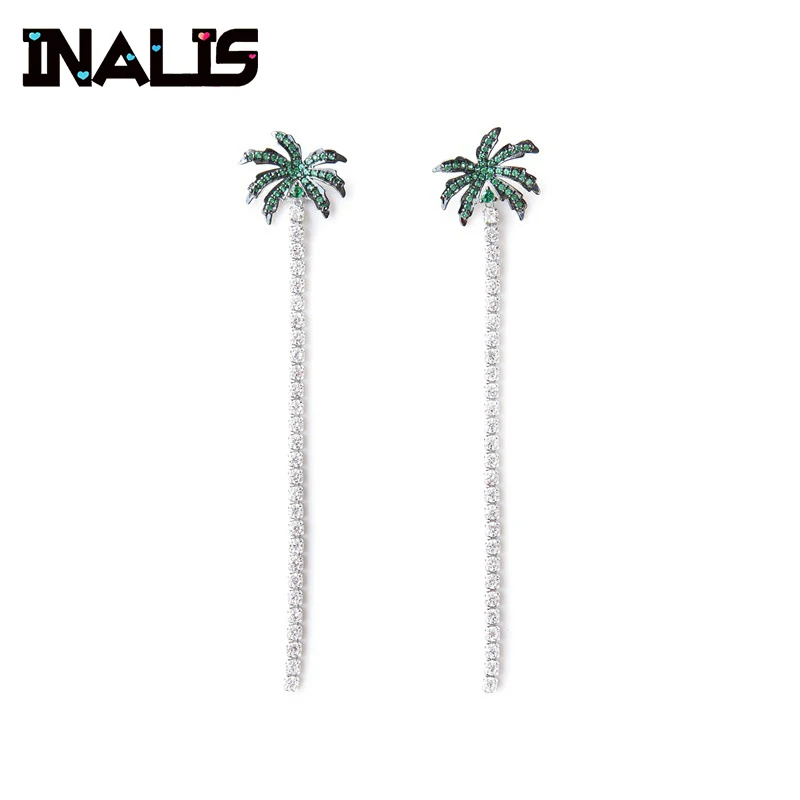 

INALIS Delicate 925 Sterling Silver Fine Jewelry Long Drop Earrings Micro Paved CZ Crystal Coconut Tree Shape Dangle Brincos