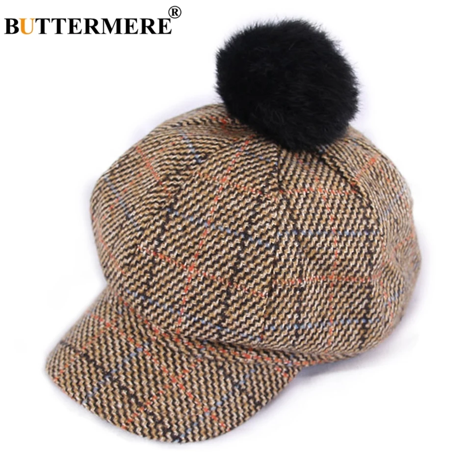 

BUTTERMERE Spring Autumn Hat Cotton Newsboy Caps Women Plaid Khaki Octagonal Cap With Pompom Vintage Tartan Painter Cap Berets