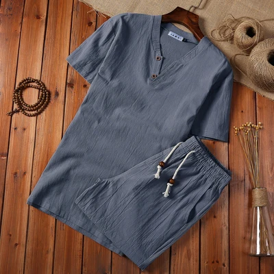Рубашка+ шорты) Летняя мужская рубашка мужские хлопковые и льняные рубашки с коротким рукавом мужские модные повседневные рубашки Размер M до 5XL - Цвет: Темно-серый