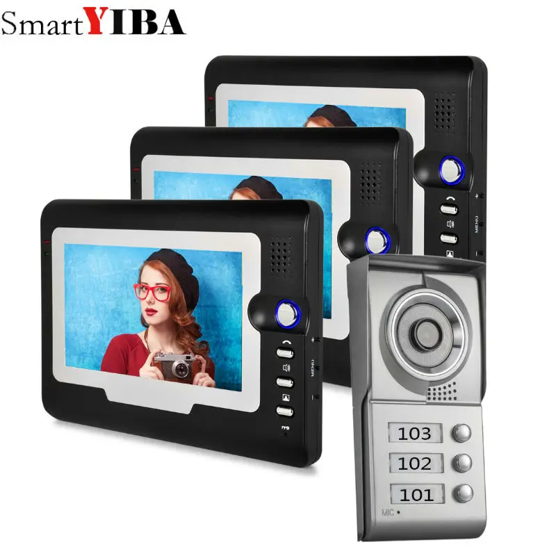 SmartYIBA Apartment Intercom Entry System 3 Monitors Wired 7\ Color Video Door Phone Video intercom System for 3 house