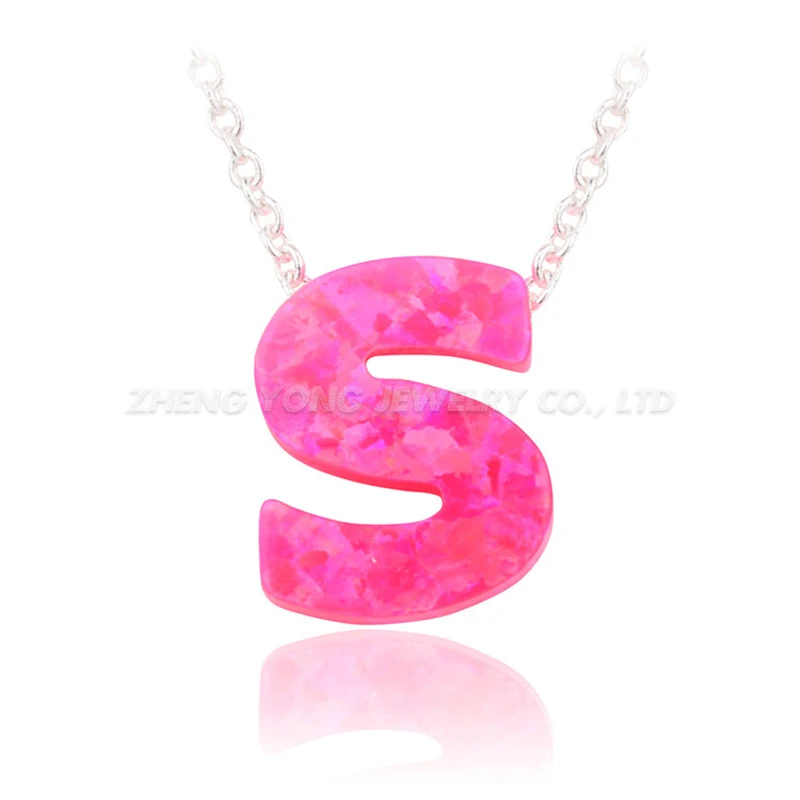 Красивый розовый 26 букв кулон ожерелье синтетический опал ожерелье посеребренное - Окраска металла: Letter S